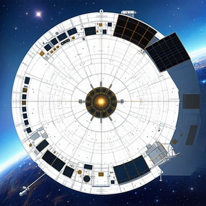 The Image Is A Detailed Illustration Of A Space Station, Showcasing Its Various Components