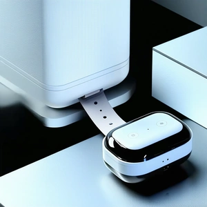 A white and black device is sitting on a table.