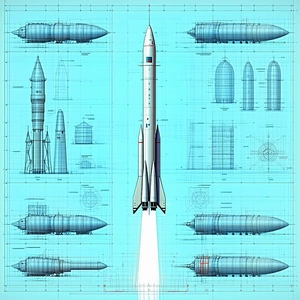 A Space Shuttle Is Shown In A Blue And White Drawing, With A Rocket Ship Next To It