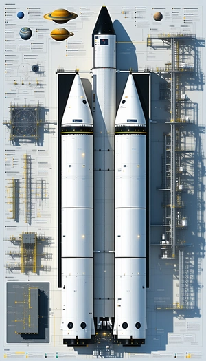 A Large White Rocket With Two Engines On Its Side, Parked In A Hangar