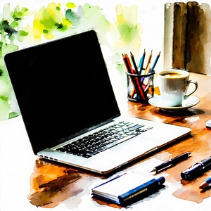 Business Watercolor Painting: Workplace with laptop and coffee on desk
