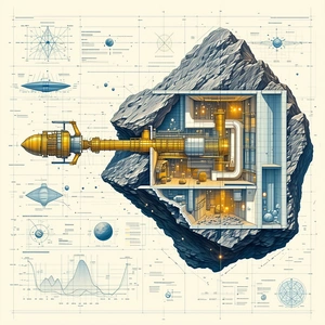 A Large Rock Is Shown In A Blueprint Drawing, With A Spacecraft Flying In Front Of It