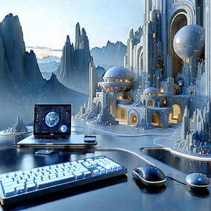 Futuristic Digital Workspace With Image, There