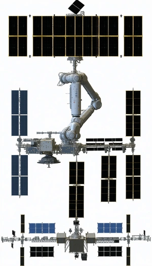 The Image Is A White Drawing Of A Space Station, Which Appears To Be A Large Satellite