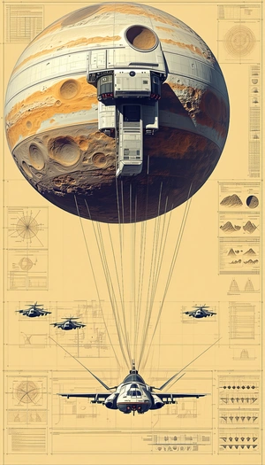 A Large, Round, Airborne Structure Is Being Towed By A Series Of Smaller Airplanes