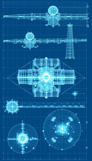 A Blue Drawing Of A Space Station Is Displayed