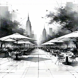 Urban Blueprint Style: (city:1.36) Park With Outdoor Dining With Image, There