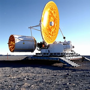 A Large White Satellite Dish Is Sitting On A Metal Platform In A Desert