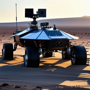 A Large Robotic Vehicle, Possibly A Rover, Sitting On A Sandy Surface