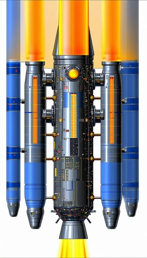 A Large, Futuristic Spacecraft Is Shown In A Blue And Orange Color Scheme