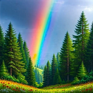 Nature Graphic Design: Rainbow Over (forest:1.27) Clearing With Beautiful Scene