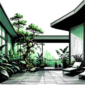 Lifestyle Etching: Balcony Garden With Plants And Natural Elements With Black White