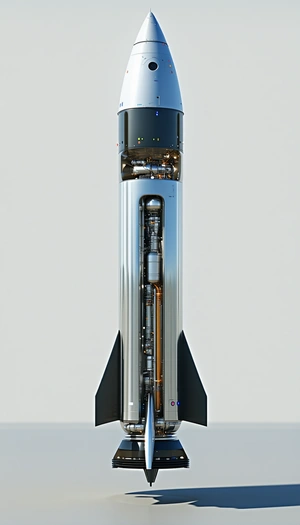 A Large Silver Rocket Is Shown In A White Background