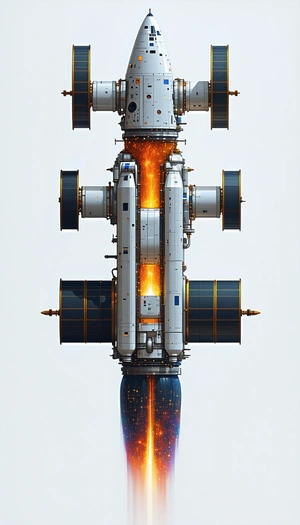 A Large Spacecraft Is Shown In A Drawing, With A Long, Curved Structure That Resembles A Rocket Ship