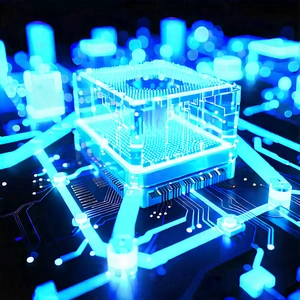 Quantum Computer With Blue Light Glow With Futuristic Cityscape
