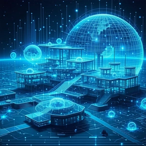 A Futuristic City Is Depicted In This Image, With A Large Blue Sphere In The Center