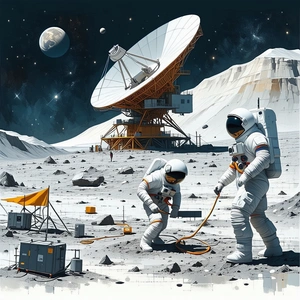 In The Image, There Are Two Astronauts Standing On The Moon, Working On A Project