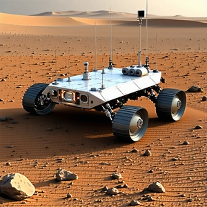 A White Robotic Vehicle, Possibly A Rover, Driving Across A Rocky Terrain