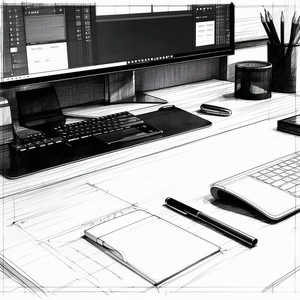 Business Ink Drawing: Workplace With (digital:1.42) Devices On Desk With Computer Desk