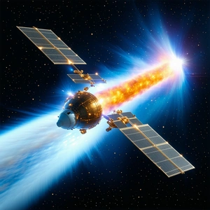 In The Image, There Is A Spacecraft With A Large Dome On Top, Flying Through A Blue Sky