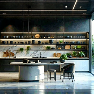 Lifestyle Octane Render: Modern Kitchen With Organized Space With Showcases Large,