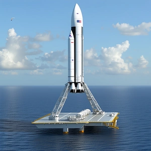 A Large Rocket Ship Floating On Top Of A Platform In The Ocean
