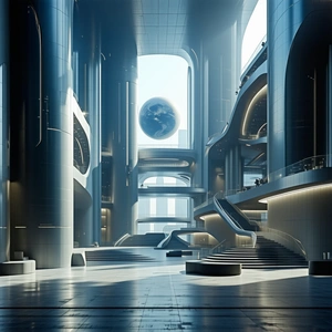 The image is a futuristic cityscape with a large, round, glowing ba...