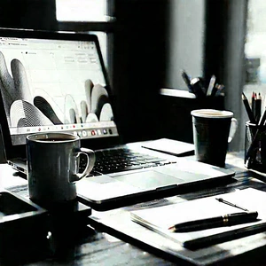 Business Etching: Workplace with laptop and coffee on desk