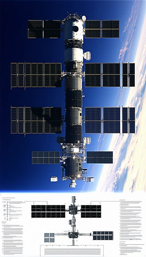A Space Shuttle Is Shown In A Blue Sky, With A Large Satellite Dish On The Side