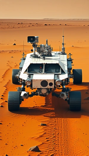 A White And Silver Robotic Vehicle, Possibly A Rover, Driving Across A Red Dirt Surface