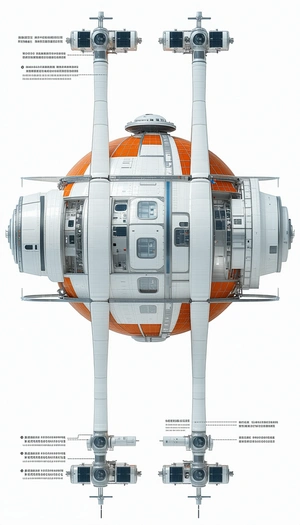 A Large White And Orange Spacecraft Is Shown In A Close-up View