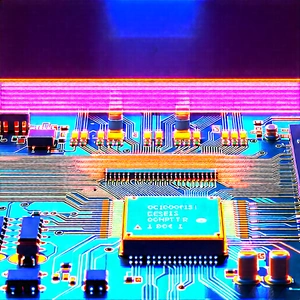 Circuit Board With Neon Accents With Close-up Computer