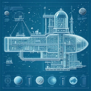 A Blue And White Drawing Of A Space Ship Is Shown