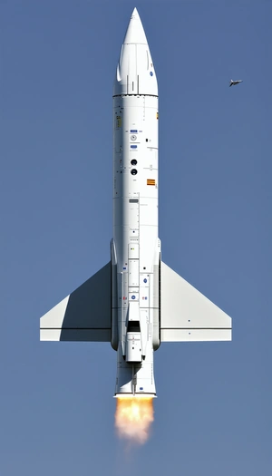 A White Rocket Is Flying Through The Sky, With A Blue Background