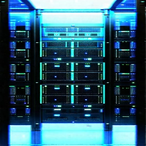 Server rack with blue light glow