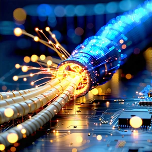 Tech Concept Art: Close-up Of Fiber Optic Cables With Close-up Computer
