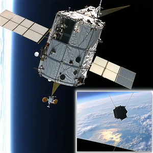 A Space Shuttle Flying Through The Sky, With A Large Satellite Dish On The Bottom Of The Shuttle