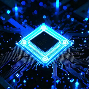 Tech Aerial Photography: Microchip with blue light glow