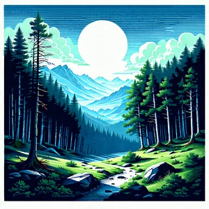 Nature Linocut Print: Clear Sky Over Forest Clearing With Image, There