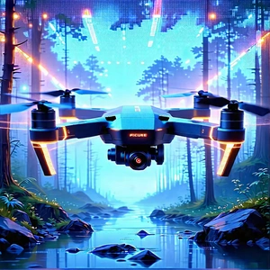 Tech Acrylic Painting: Drone With Holographic Display With Blue White