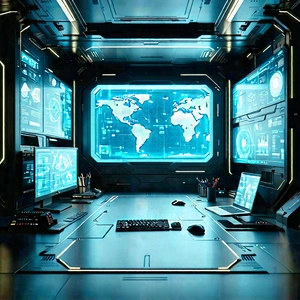 (futuristic:1.45) Digital Workspace With Futuristic Room,