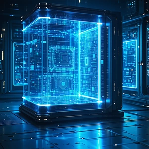 In the image, there is a large blue box with a holographic display.