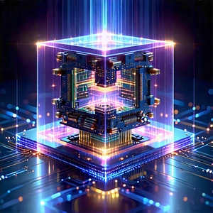 Tech Pastel Drawing: Quantum computer with holographic projection