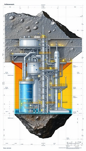A Large Industrial Plant Is Shown In A Drawing, With A Large Blue Tank And A Large Yellow Tank