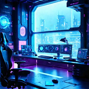 Futuristic Digital Workspace With Image, There