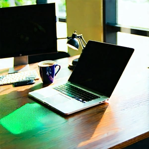 Business Drone Photography: Workplace with laptop and coffee on desk