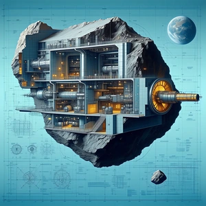 A Large, Futuristic Building Is Depicted In A Blue And White Drawing