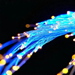 Close-up Of Fiber Optic Cables With Blue Wire