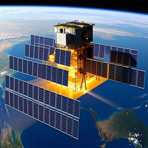 A Large Satellite With A Solar Panel On Top, Floating In The Sky