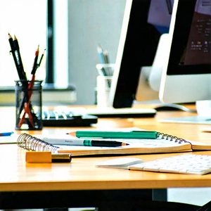 Business Digital Illustration: Workplace with productivity tools on desk